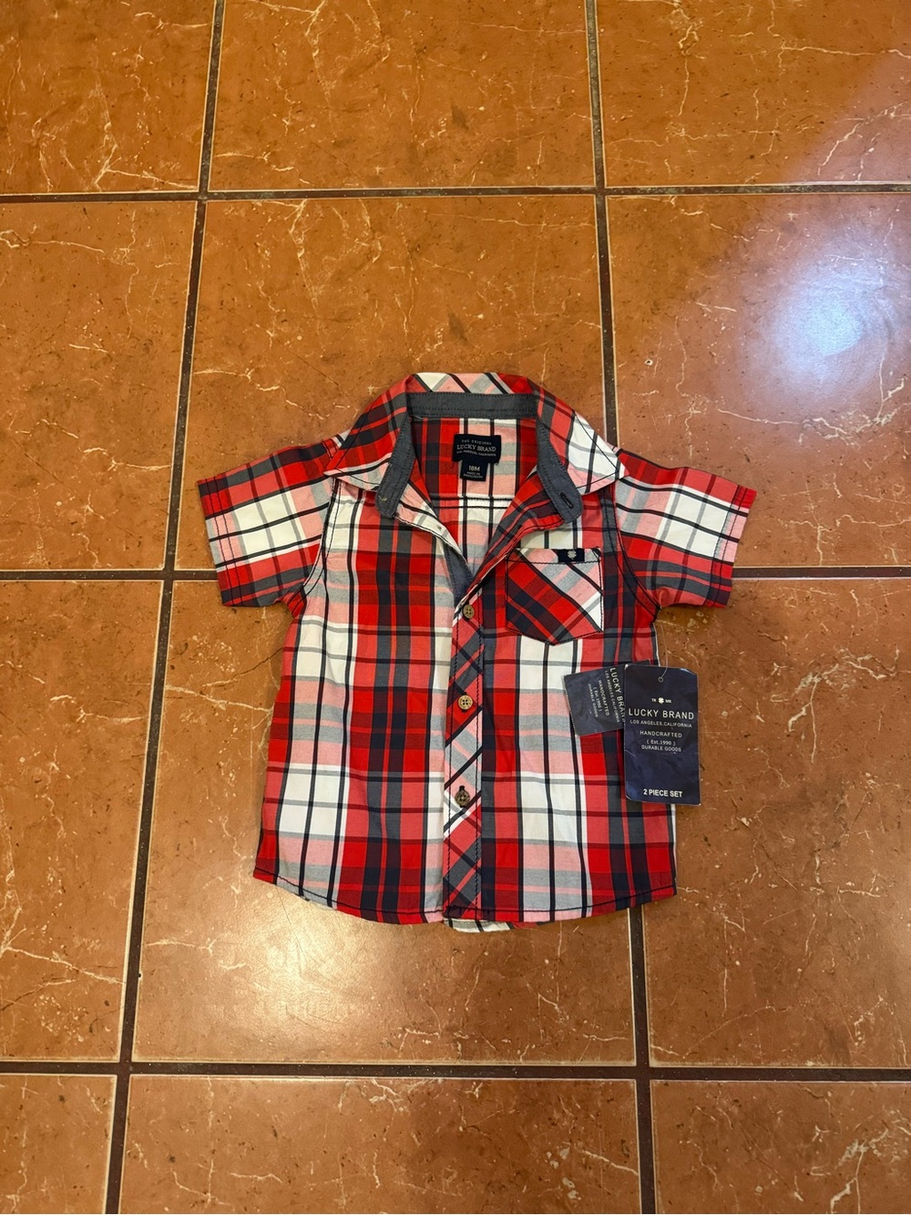Lucky Brand Red and White Plaid Short-Sleeve Button-Down Shirt for Kids